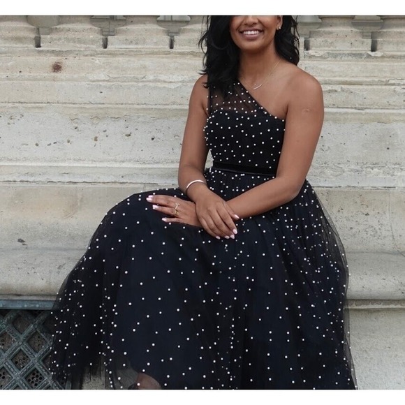 NWT Mac Duggal Black One Shoulder Pearl Beaded Tulle Velvet Midi Ballgown Size 8 - Picture 7 of 15